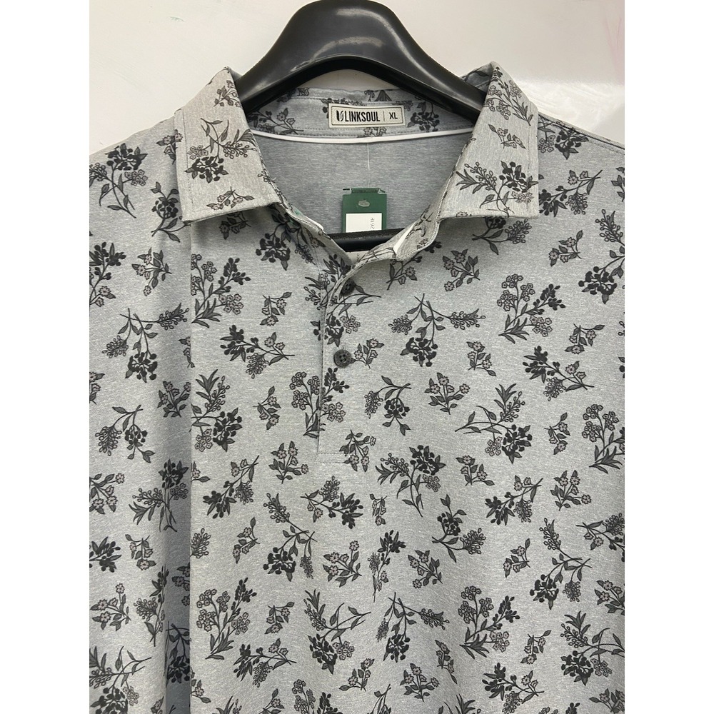 Linksoul Polo Shirt Mens XL Gray Floral Leaf Performance Golf Short Sleeve NWT